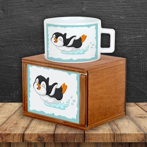 Sevimli Penguen Ahşap Doğal Kutulu Kupa