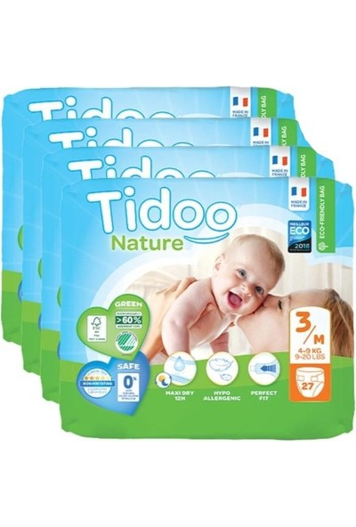 Tidoo Hipoalerjenik Ekolojik Bebek Bezi 3 Beden 4 - 9 kg 27 x 4 108'LI
