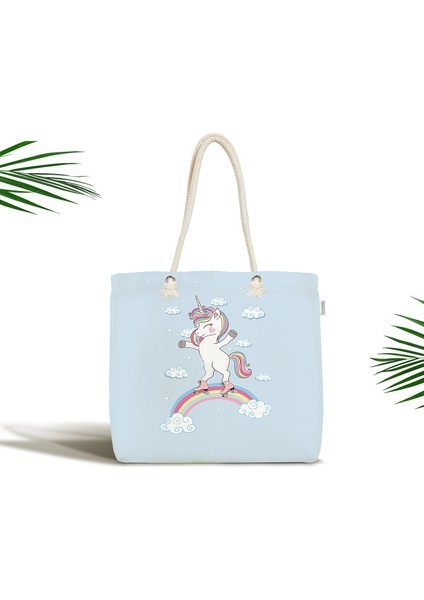 Bebek Çantası - Mavi Zeminde Unicorn At Desenli Kumaş Çanta