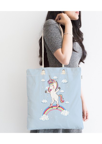 Bebek Çantası - Mavi Zeminde Unicorn At Desenli Kumaş Çanta