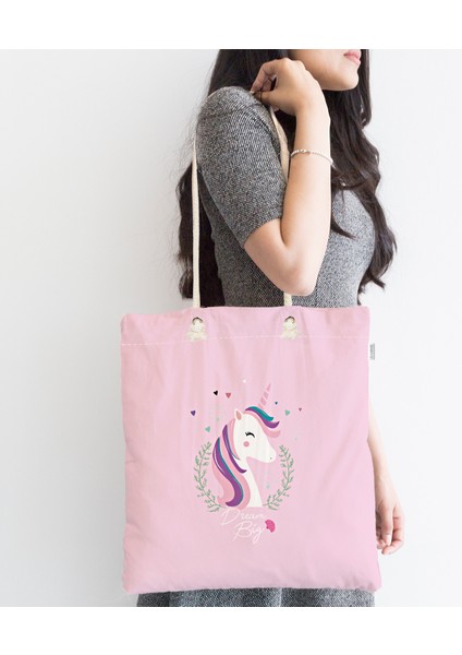 Çocuk Çantası - Pembe Zeminli Magic Unicorn Tasarımlı Kumaş Çanta