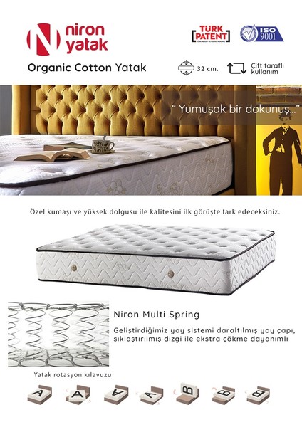 Niron Organic Cotton Yatak 130x200 Çift Kişilik Doğal Pamuk Kumaşlı Ekstra Lüks Yumuşak Yatak 32 cm