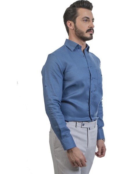 Keten Düğmeli Yaka Cepli Yazlık Erkek Gömlek modelleri