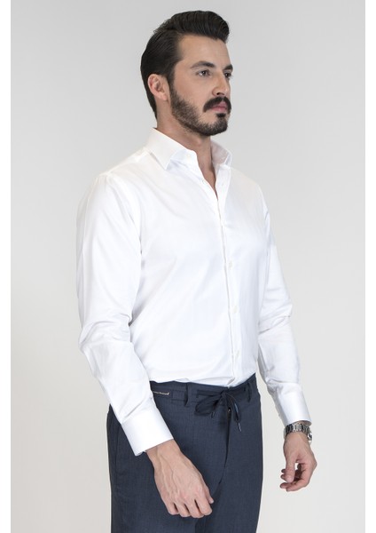 Kendinden Çizgili Klasik Slim Fit Gömlek
