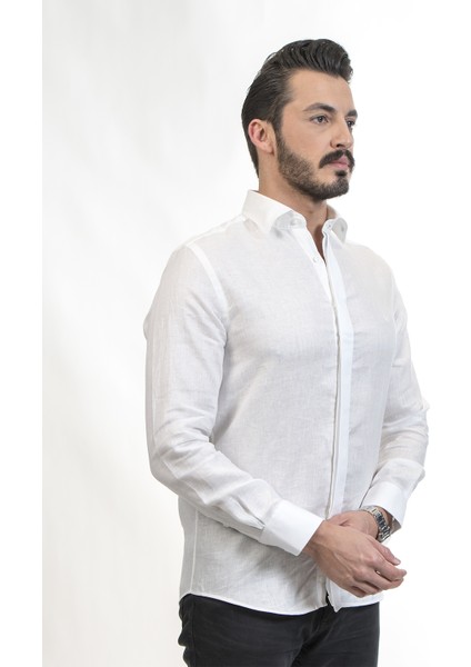 Düğmeli Yaka Slim Fit Beyaz Erkek Gömlek