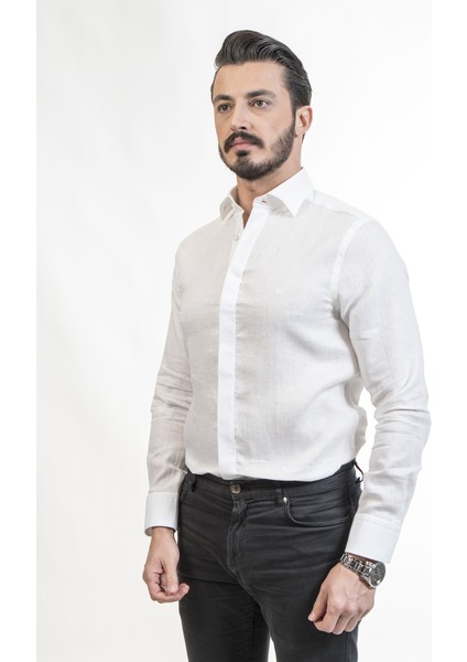 Düğmeli Yaka Slim Fit Beyaz Erkek Gömlek fiyatları
