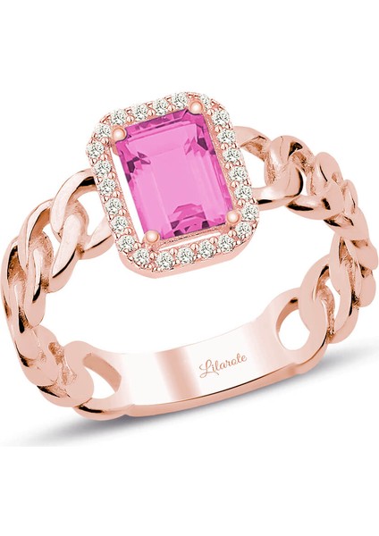 Italyan Tasarım Halkalı Pembe Taşlı Altın Baget Yüzük