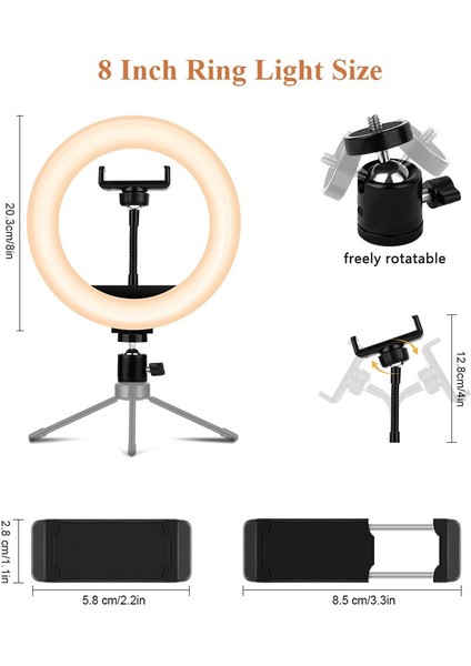 Ring Light Youtuber Tictok Makyaj Işıklı Telefon Tutucu 20CM + 2.2m Tripod M20 indirimleri