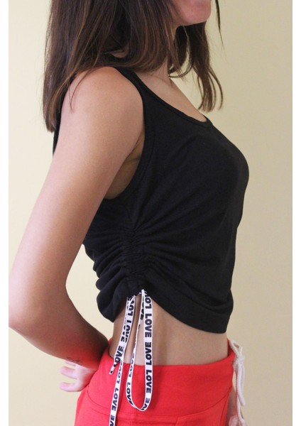 Kadın Siyah Yanlardan Büzgülü Crop fiyatları