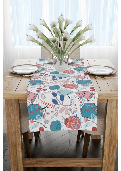 Mavi Pembe Dekoratif Yaprak ve Çiçek Desenli Dijital Baskılı Runner CGH591-RN