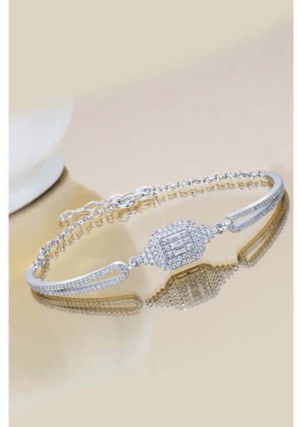 Baget Taşlı Kelepçe Gümüş Bileklik