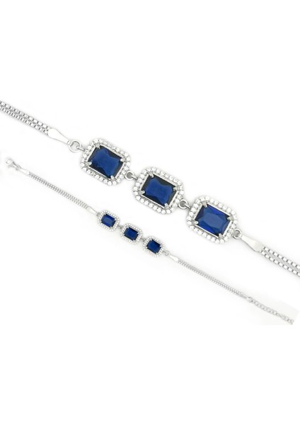 Pırlanta Tasarımlı Mavi Baget Taşlı 925 Ayar Gümüş Bileklik