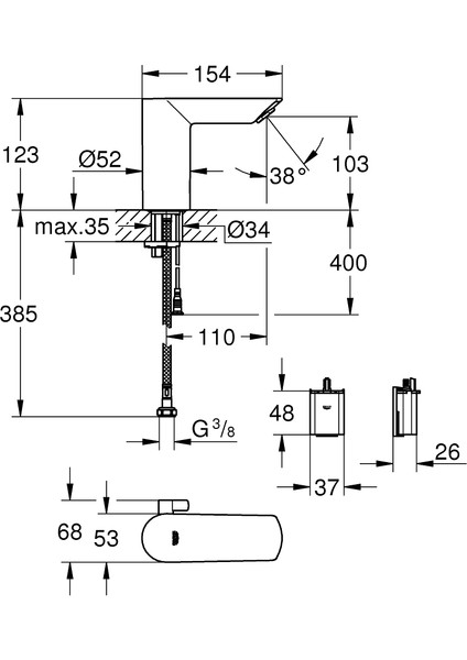 Bau Cosmopolitan E Fotoselli Lavabo Bataryası 1/2", Çift Su Girişli Ayarlanabilir Sıcaklık Sınırlayıcısı ile 36451000 fiyatları