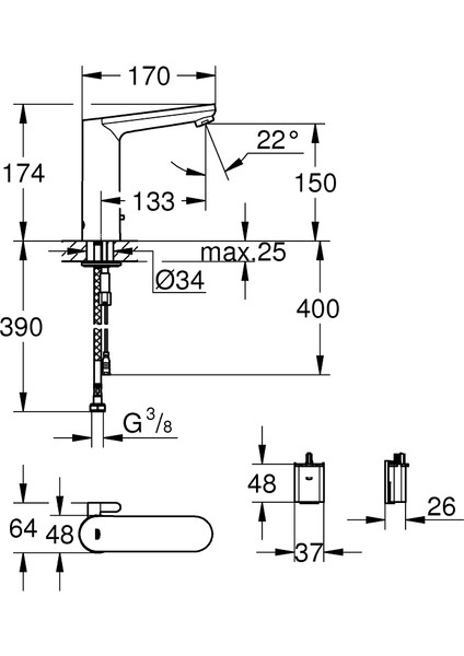 Eurosmart Cosmopolitan E Fotoselli Lavabo Bataryası, 1/2", L-Boyut, Çift Su Girişli, Ayarlanabilir Sıcaklık Sınırlayıcısı 36422000 modelleri