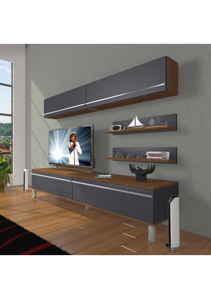Eko 5 Mdf Std Krom Ayaklı Tv Ünitesi Tv Sehpası Ceviz Antrasit