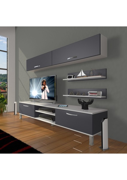 Eko 5 Mdf DVD Krom Ayaklı Tv Ünitesi Tv Sehpası Beyaz Antrasit