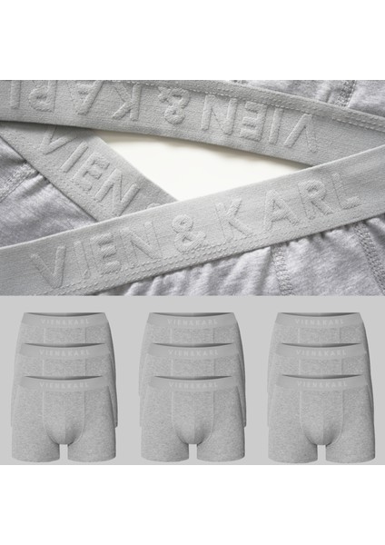 Erkek Gri 9'lu Paket Düz Likralı Boxer Şort