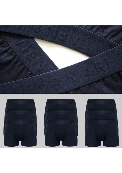 Erkek Lacivert 9'lu Paket Düz Likralı Boxer Şort
