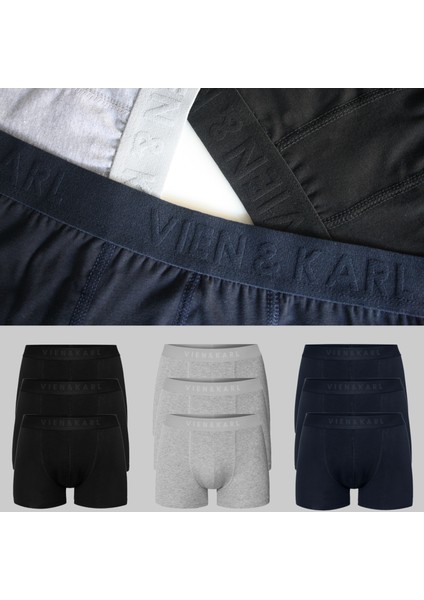 Erkek Siyah Gri Lacivert 9'lu Paket Düz Likralı Boxer Şort