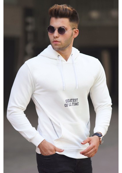 Beyaz Baskılı Kapşonlu Sweatshirt 5292