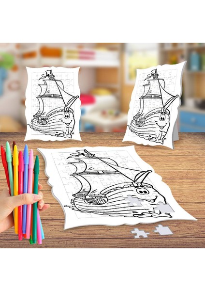 Gülen Yelkenli Gemi Boyama Puzzle Tablo Çocuk Eğitici Yapboz