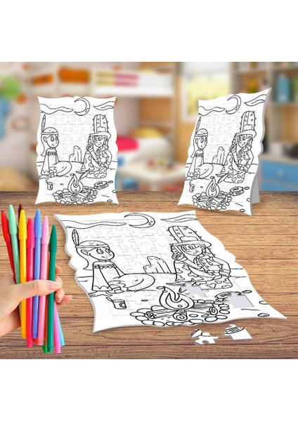 Kızılderili ve Kovboy Boyama Puzzle Tablo Çocuk Eğitici Yapboz