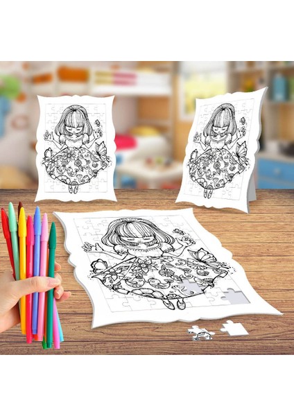 Çiçek Elbiseli Kız Boyama Puzzle Tablo Çocuk Eğitici Yapboz