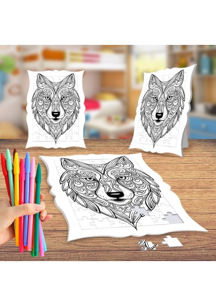 Desenli Kurt Kafası Boyama Puzzle Tablo Çocuk Eğitici Yapboz