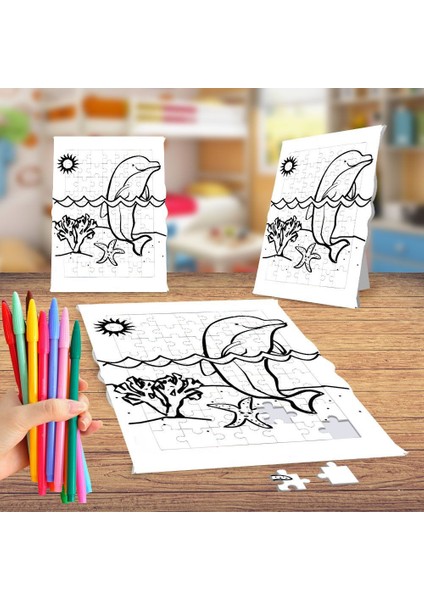Denizdeki Yunus Balığı Boyama Puzzle Tablo Çocuk Eğitici Yapboz