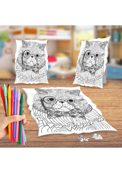 Bilgin Kedi Boyama Puzzle Tablo Çocuk Eğitici Yapboz