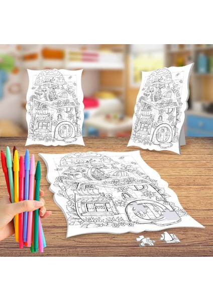 Mantar Ev Boyama Puzzle Tablo Çocuk Eğitici Yapboz