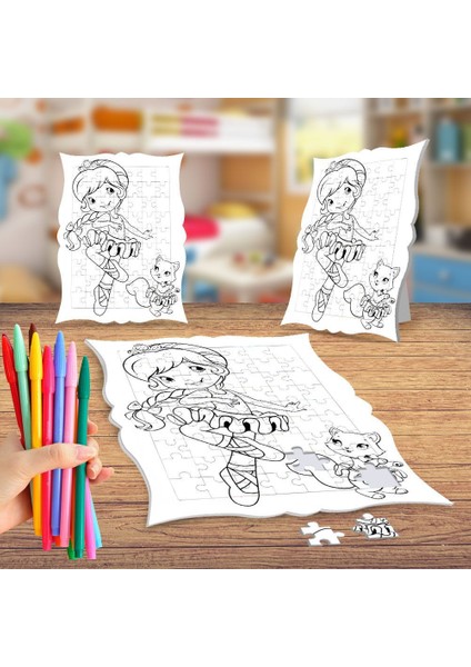 Bale Yapan Çilek Kız Boyama Puzzle Tablo Çocuk Eğitici Yapboz