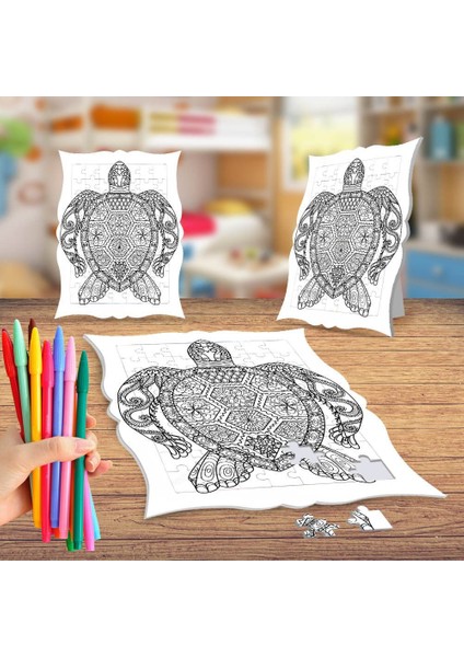 Desenli Kaplumbağa Boyama Puzzle Tablo Çocuk Eğitici Yapboz