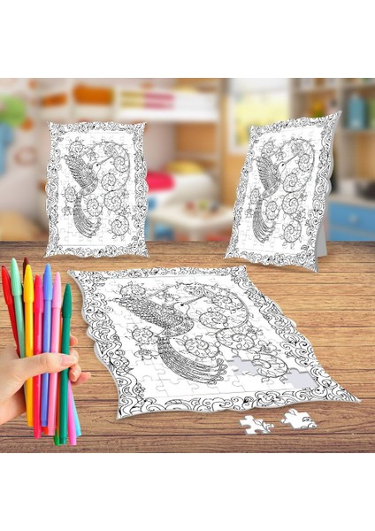 Çiçek Motif Desenli Kuş Boyama Puzzle Tablo Çocuk Eğitici Yapboz