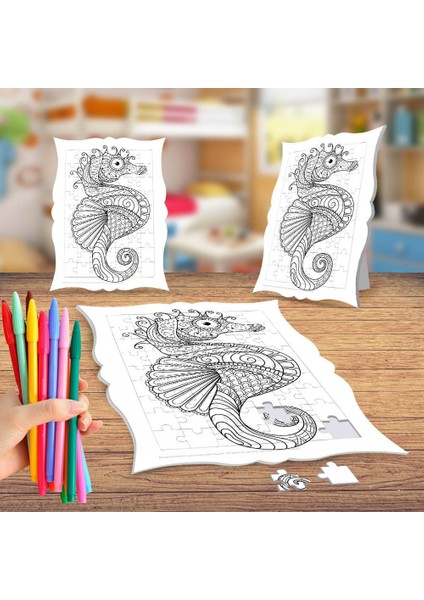 Desenli Deniz Atı Boyama Puzzle Tablo Çocuk Eğitici Yapboz
