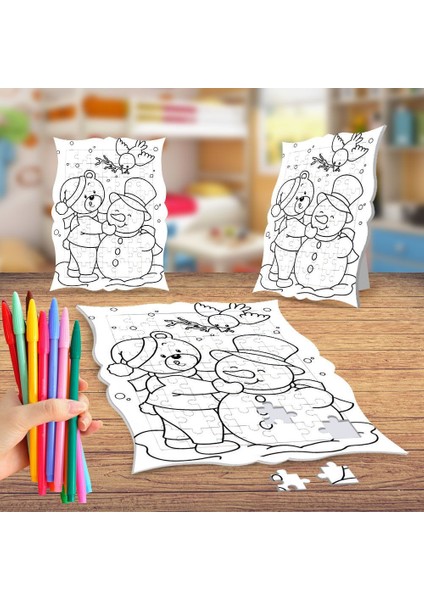 Ayıcık ve Kardan Adam Boyama Puzzle Tablo Çocuk Eğitici Yapboz