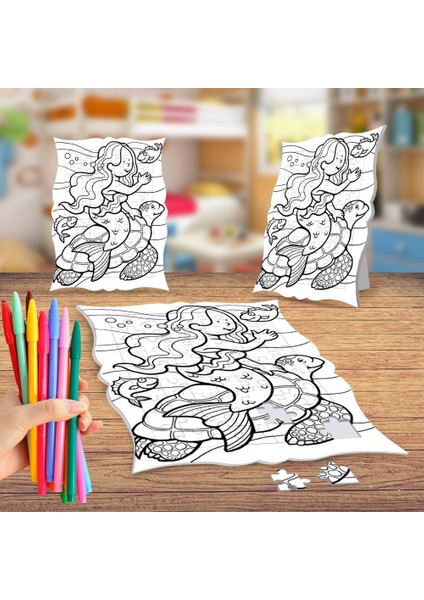 Mutlu Deniz Kızı Boyama Puzzle Tablo Çocuk Eğitici Yapboz