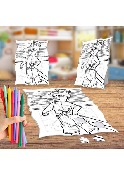 Şapkalı Kovboy Kedi Boyama Puzzle Tablo Çocuk Eğitici Yapboz