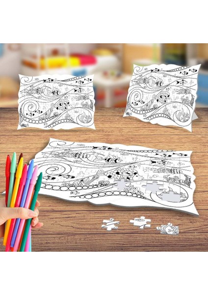 Okyanustaki Balıklar Boyama Puzzle Tablo Çocuk Eğitici Yapboz