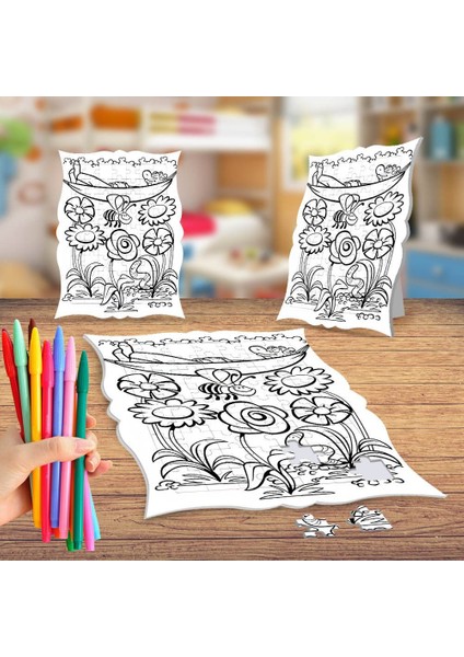 Ormanda Çiçek ve Hayvan Boyama Puzzle Tablo Çocuk Eğitici Yapboz