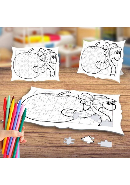 Mutlu Elma Kurdu Boyama Puzzle Tablo Çocuk Eğitici Yapboz