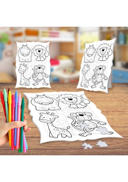 Maymun, Zürafa, Aslan Boyama Puzzle Tablo Çocuk Eğitici Yapboz