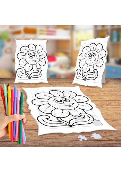 Mutlu Çiçek Bitkiler Boyama Puzzle Tablo Çocuk Eğitici Yapboz