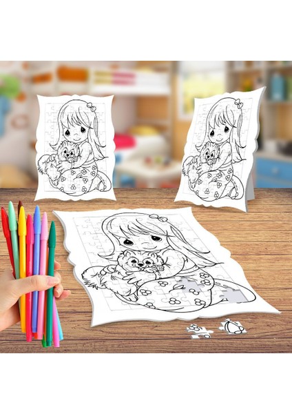 Sevimli Kız ve Dostu Boyama Puzzle Tablo Çocuk Eğitici Yapboz