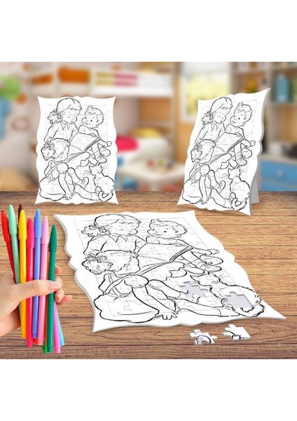 Çocuklara Kitap Okuyan Abla Boyama Puzzle Tablo Çocuk Eğitici Yapboz