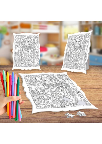 Gitarlı Köpek Boyama Puzzle Tablo Çocuk Eğitici Yapboz