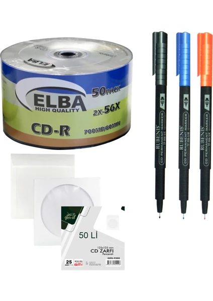 Cd-R 700MB 56X 80MIN 50 Li Boş CD + Gen-Of 50 Li CD Zarfı + 3 Lü Asetat Kalemi