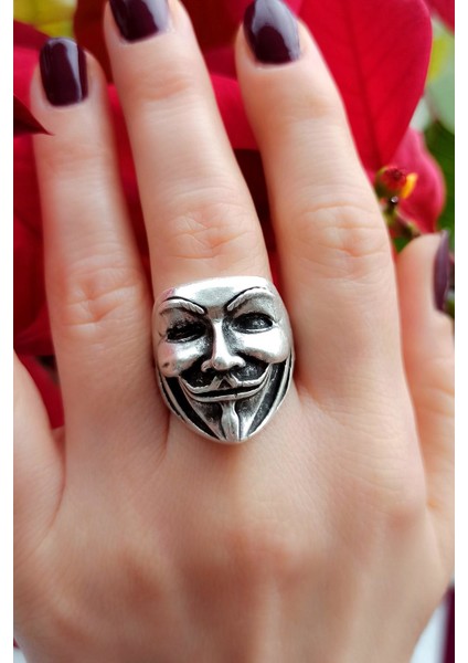 Antik Gümüş Kaplama V For Vendetta Şekilli El Yapımı Ayarlanabilir Yüzük