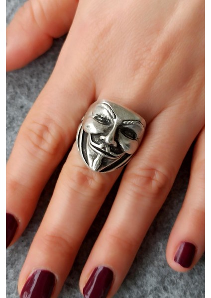 Antik Gümüş Kaplama V For Vendetta Şekilli El Yapımı Ayarlanabilir Yüzük