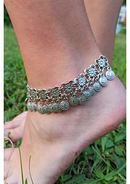 Antik Gümüş Kaplama Geometrik Şekilli & Tuğralı El Yapımı Halhal